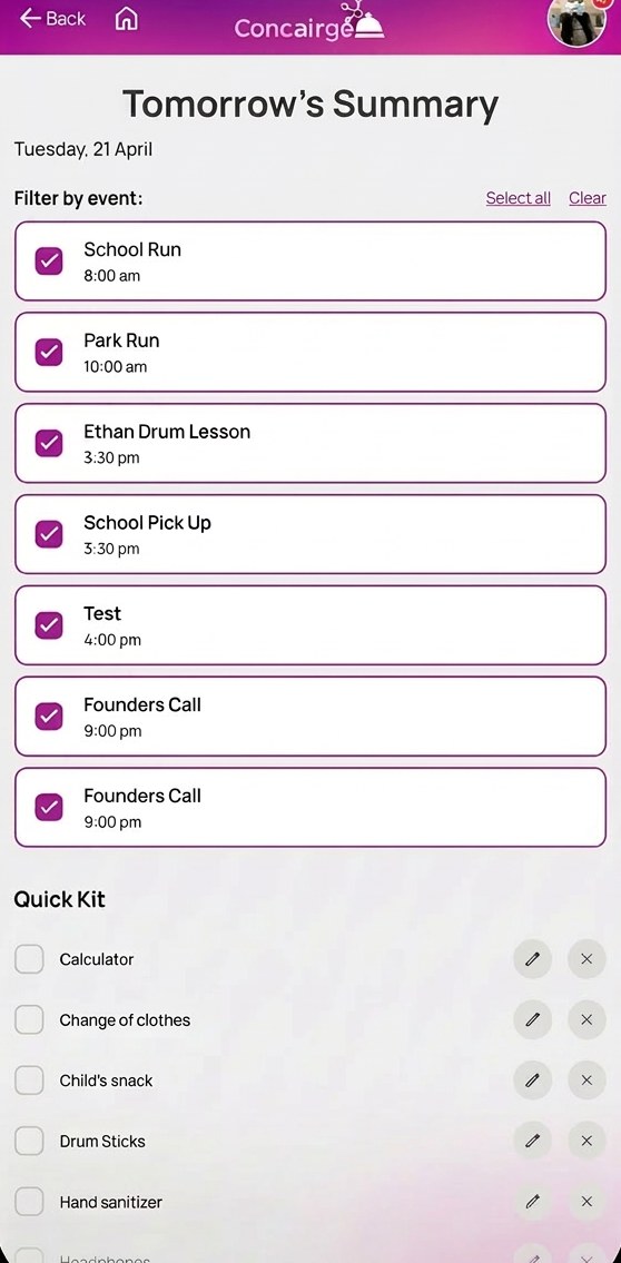 Concairge app showing tomorrow's family schedule summary