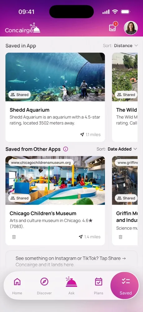 Concairge Saved: places shared from other apps, with distance and rating