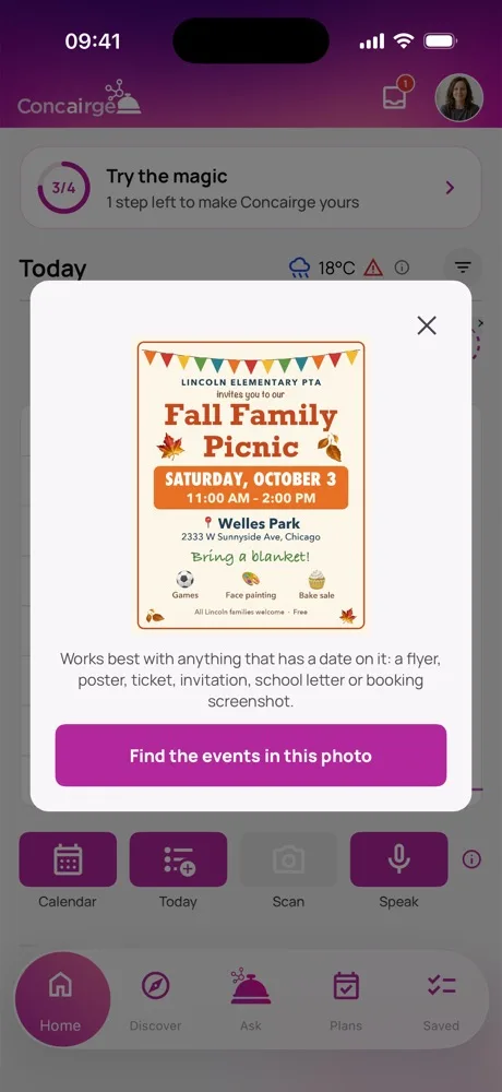 Concairge Scan: a school picnic flyer and the button Find the events in this photo